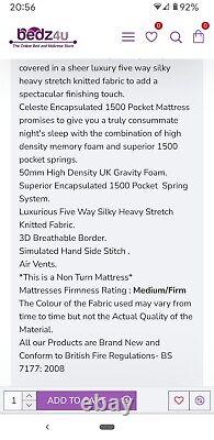 1500 Pocket Sprung Memory Foam Mattress 3D Luxury Mattress used, 4FT Double