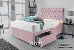 Memory Foam Divan Bed Pink Velvet With Mattress & Headboard 3FT 4FT6 Double 5FT