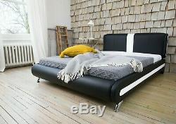 Modern Leather Double Or King Size Bed Black & White + Memory Foam Mattress Beds