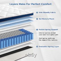 SEZMOONSI King Mattress, 10.6 Inch Tick Medium Firm Memory Foam Pocket Sprung Bed