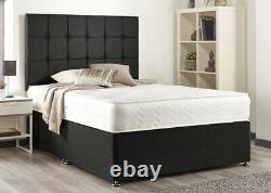 Suede Memory Foam Divan Bed Set With Mattress Cube Headboard 3FT 4FT6 Double 5FT