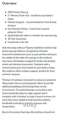 Super king Fogarty Dream Comfort Cooling Memory Foam 1000 Pocket Sprung Mattress