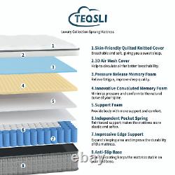Teqsli 25cm Memory Foam Mattress 4ft6 Double 10 Pocket Sprung Bed Grey In A Box