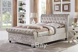 Crushed Velvet Rembourré Chesterfield Sleigh Lit Double Cadre 4ft, 4ft6, 5ft