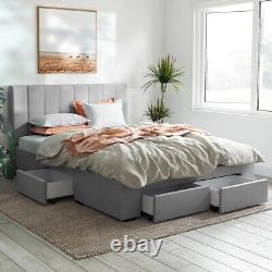 Lit cadre de lit en tissu gris avec 4 tiroirs de rangement et matelas en mousse à mémoire de forme en taille double et king-size