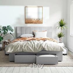 Lit cadre de lit en tissu gris avec 4 tiroirs de rangement et matelas en mousse à mémoire de forme en taille double et king-size