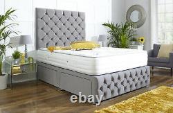 Naples Suede Chesterfield Divan Bed Set + Memory Mattress 4ft6 Double Roi 5ft